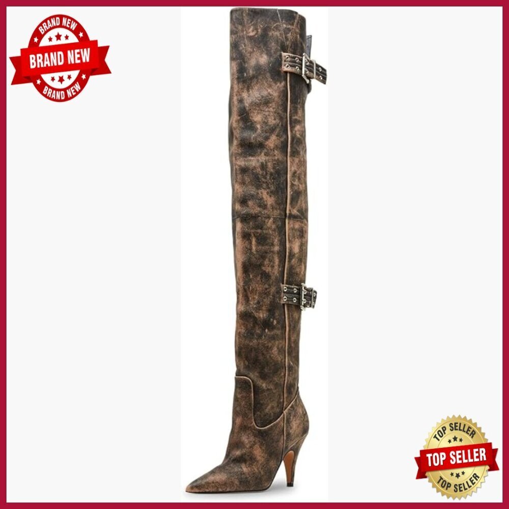 Over-the-Knee Stiletto Boots, Polyurethane, Pull-On, Distressed Brown
